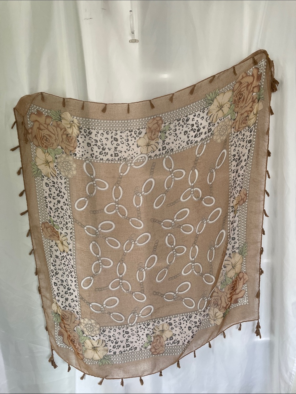 Neutral Floral & Chain Pattern Tassel Scarf/Wrap 35x35